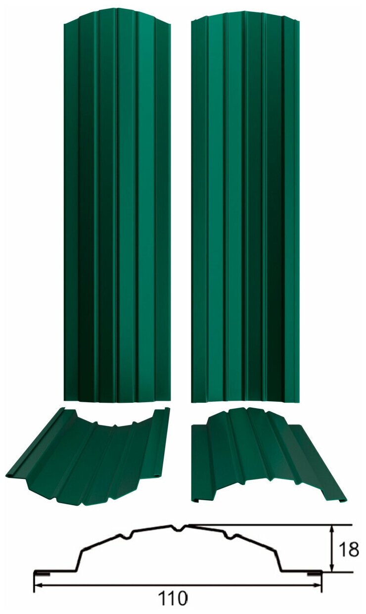 Штакетник металлический (евроштакетник) Полукруглый (двусторонний цвет Зелёный мох RAL 6005/6005, высота 1.25м, ширина 110мм, 10 шт) - фотография № 2