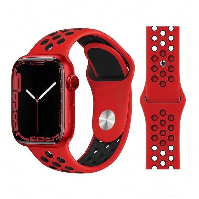 Ремешок силиконовый перфорированный Sport NK для Apple Watch 42/44/45/49 мм, на кнопке, красный+черный (11)