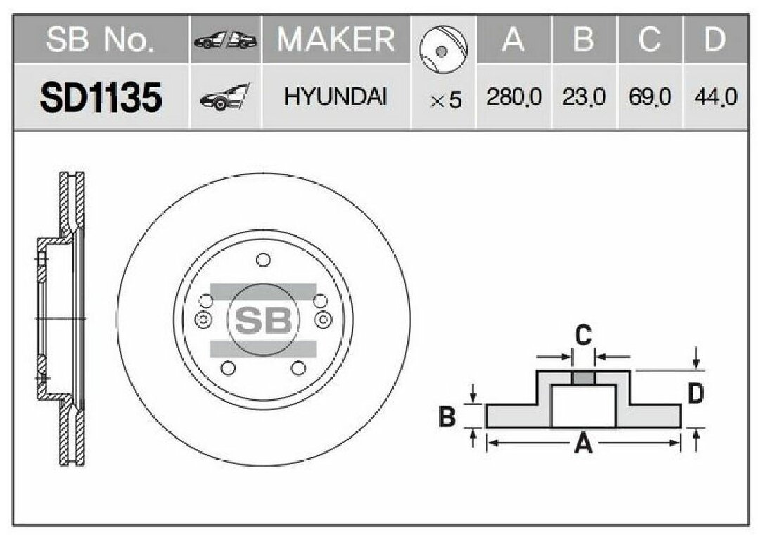 Диск тормозной передний Серия: HI-Q Диаметр:280мм. KIA CEED (JD), KIA CEED Sportswagon (JD), SANGSIN, SD1135