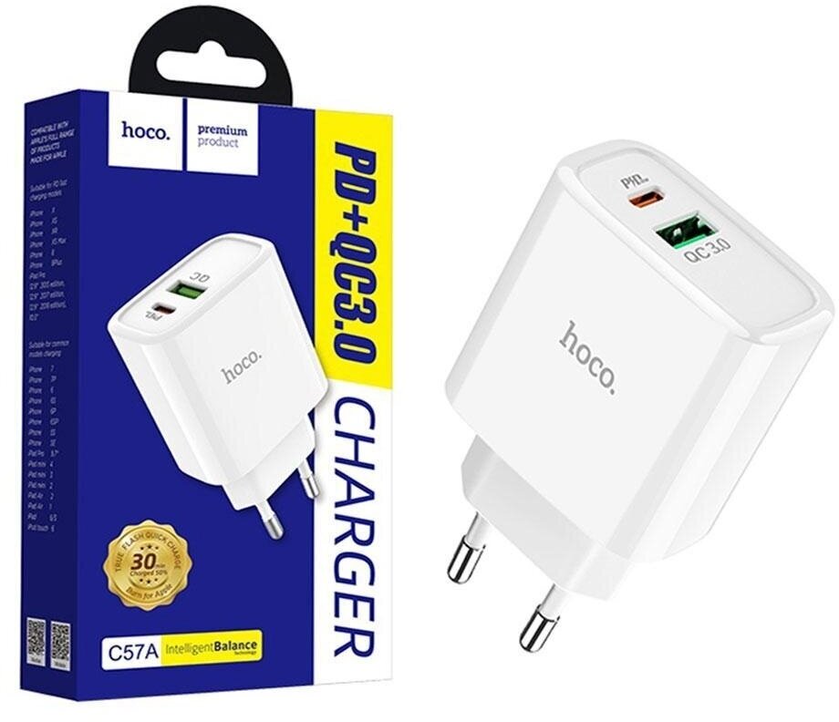Сетевое зарядное устройство Hoco C57A, USB+Type-C, PD+QC3.0, белый (08625) - фото №10