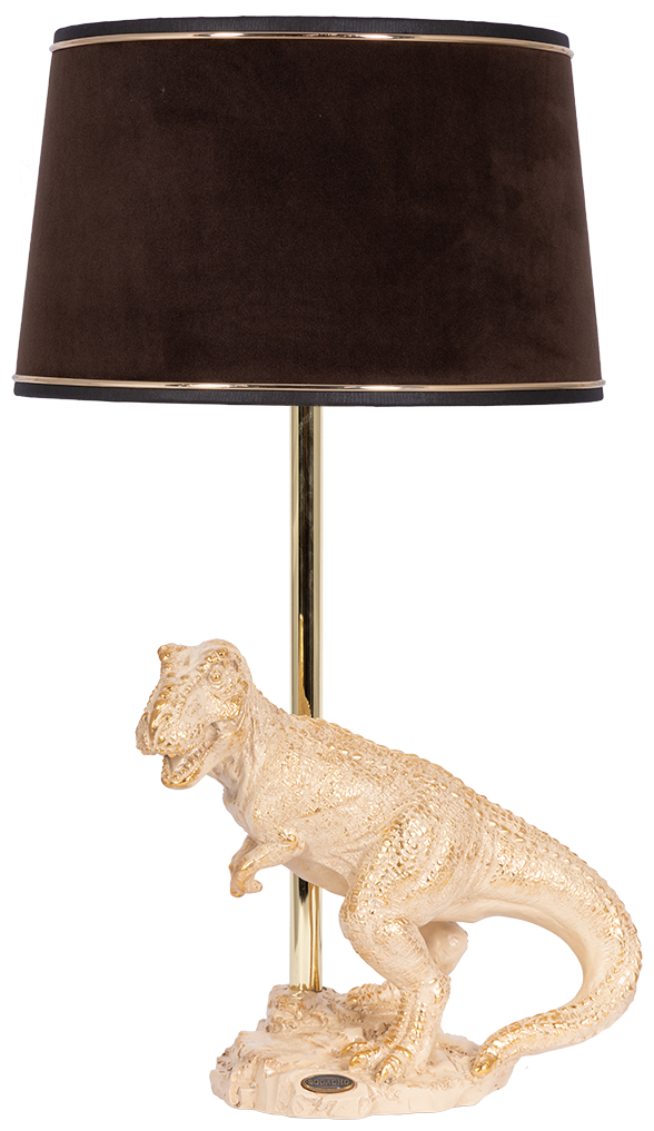 Настольная лампа Bogacho Динозавр Тирекс кремовая с абажуром шоколадного цвета из велюра ручная работа