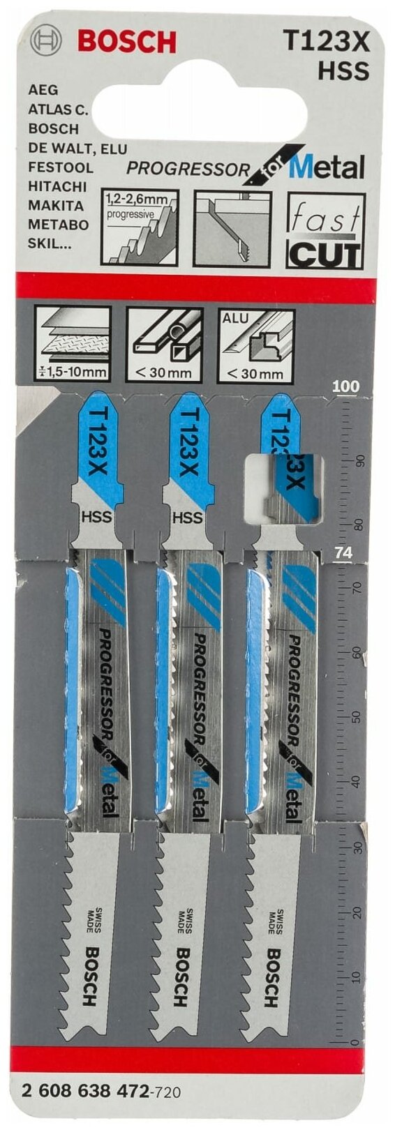 Набор 3 лобзиковые пилки Т 123 Х, HSS Bosch 2608638472