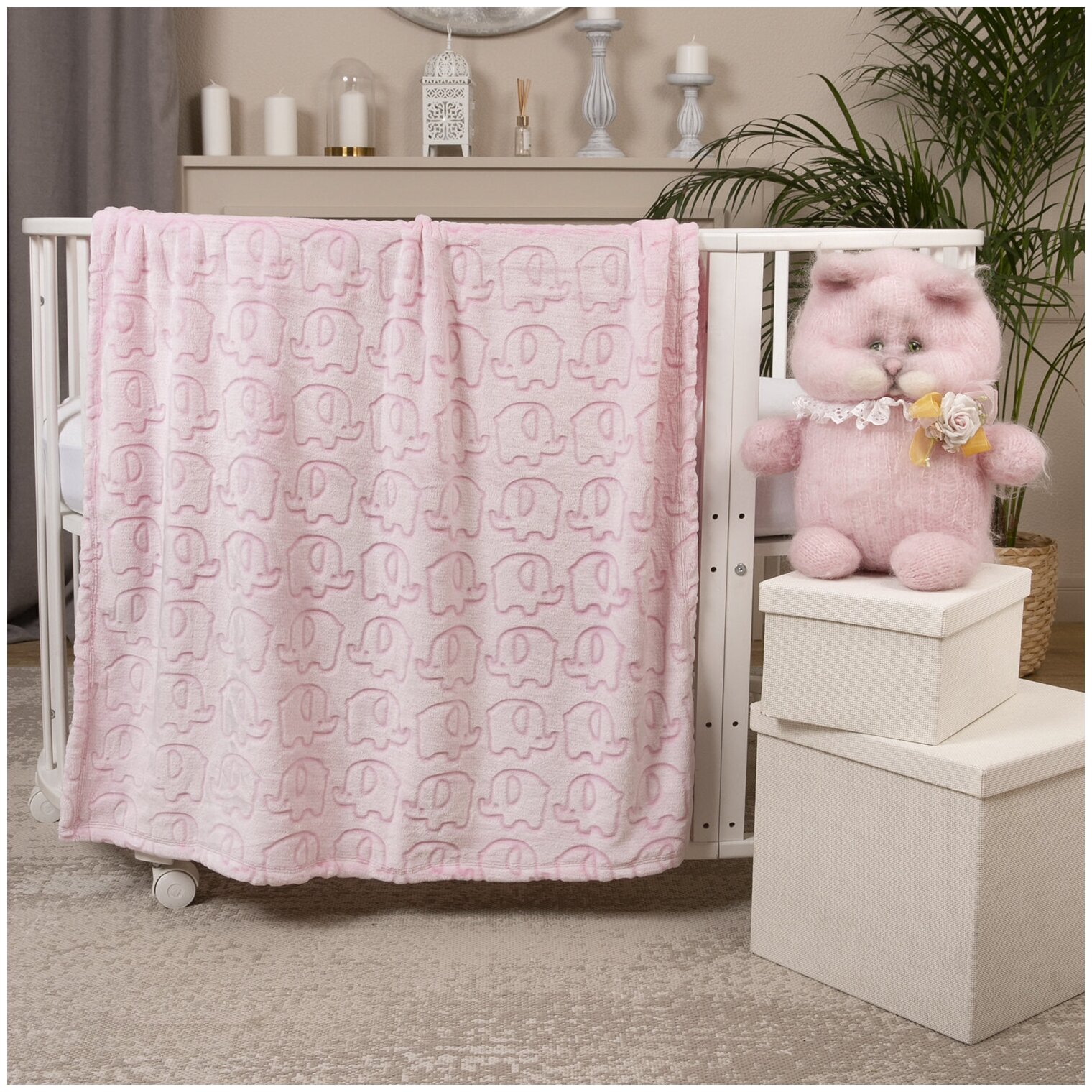 Плед детский для новорожденных теплый плюшевый 100х118 см розовый Маленький Мягкий, на выписку, в коляску, одеяло для малыша Велсофт "Слонки" Baby Nice