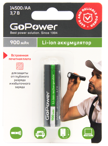 Батарейки GoPower Аккумулятор Li-ion 14500 AA BL1 3.7V 900mAh с защитой выс. конт. (1/6/120)