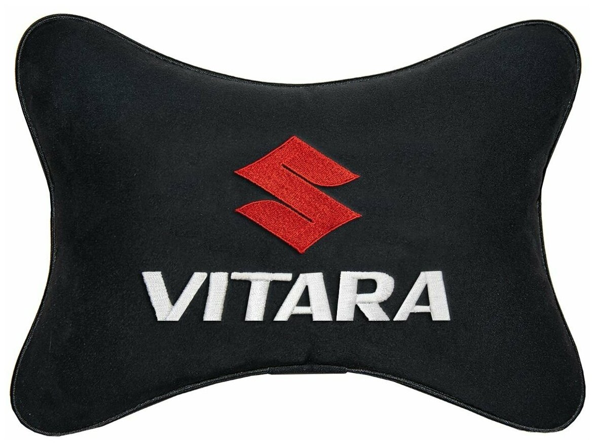 Автомобильная подушка на подголовник алькантара Black с логотипом автомобиля SUZUKI VITARA