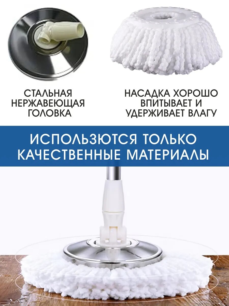 Швабра LettBrin с отжимом для комплекта SPIN MOP с насадкой из микрофибры, круглая, вертушка стальная головка — фото 1