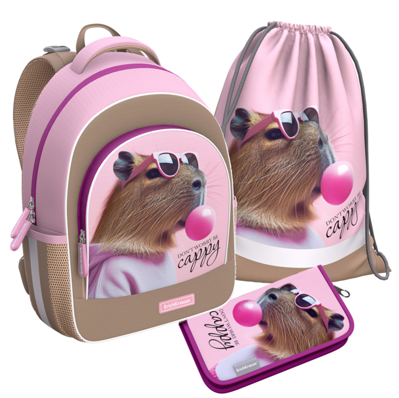 Школьный рюкзак для девочки ErichKrause ErgoLine 15L CapyBarbara + пенал-книжка + мешок для обуви