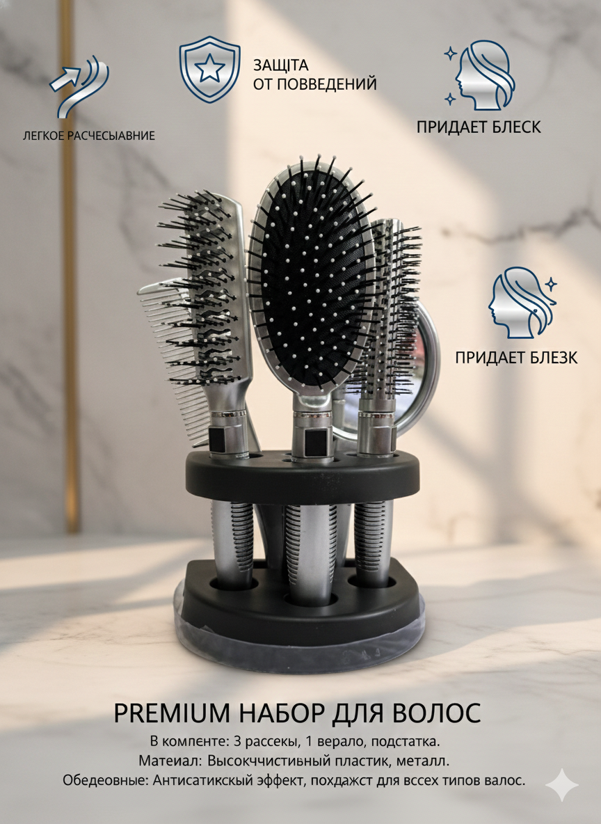 Набор расчесок для волос с зеркалом включает в себя 5 штуки, — фото 1