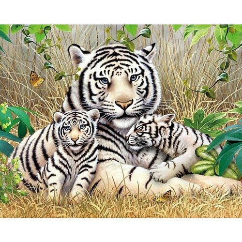 пазл семья белых тигров 500 элементов Алмазная мозаика на подрамнике 40х50 Семья белых тигров