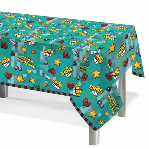 Скатерть праздничная/Скатерть праздничная одноразовая, Game Time, Пиксели, 120*180 см, 1 шт.