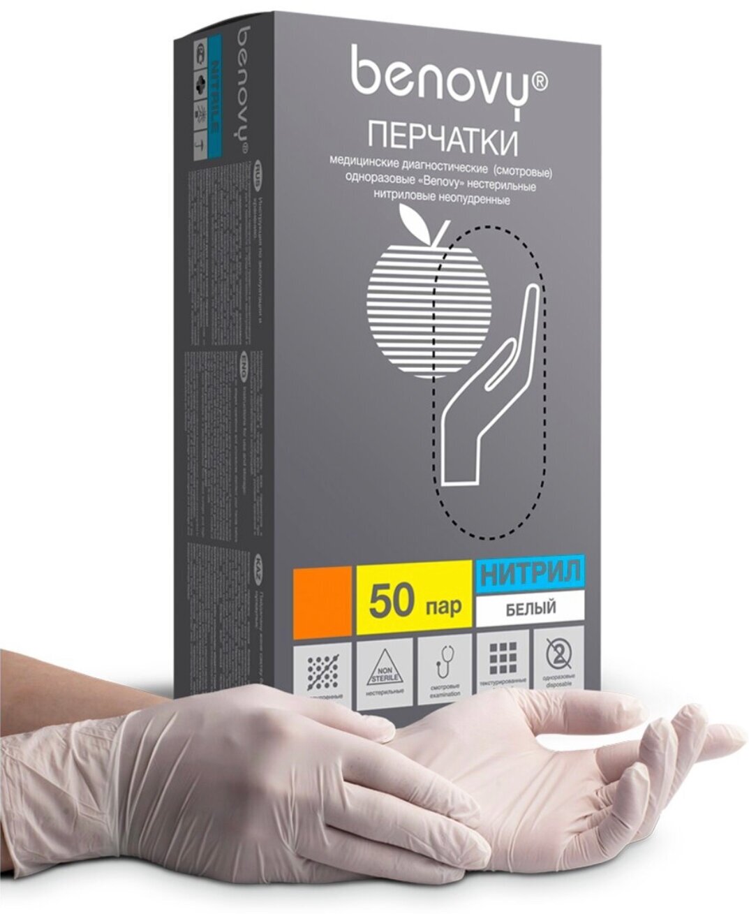 Перчатки смотровые Benovy Nitrile MultiColor текстурированные на пальцах, 50 пар, размер: M, цвет: белый, 2 уп.