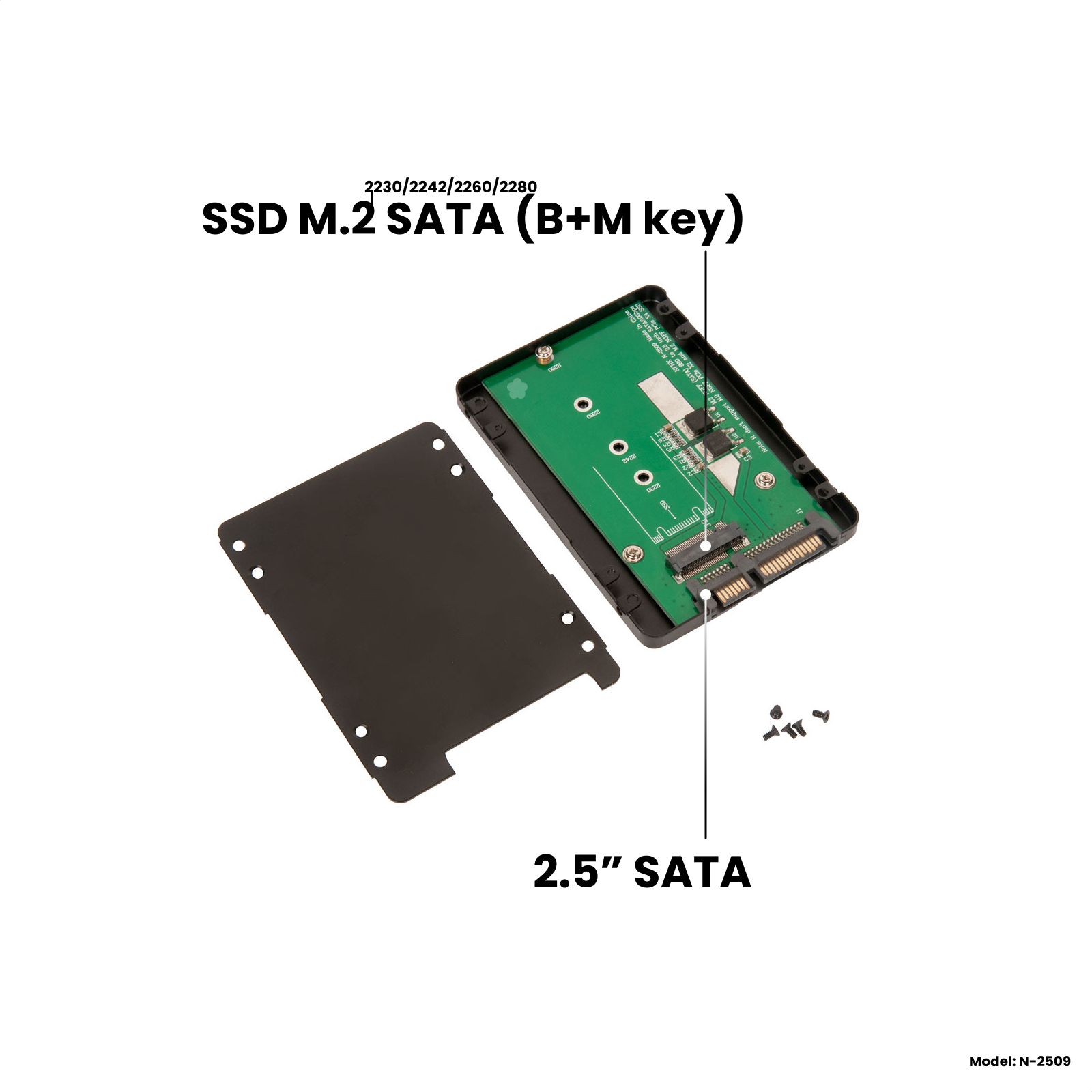 Адаптер-переходник для установки SSD M.2 SATA (B+M key) в металлический черный корпус (бокс) 2.5" SATA NFHK N-2509