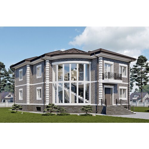 Проект - Двухэтажный дом с подвалом, четырьмя спальнями и витражным окном Rg6083