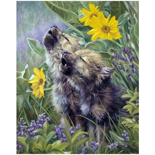 Милые волчата в цветах 40х50 волчата
