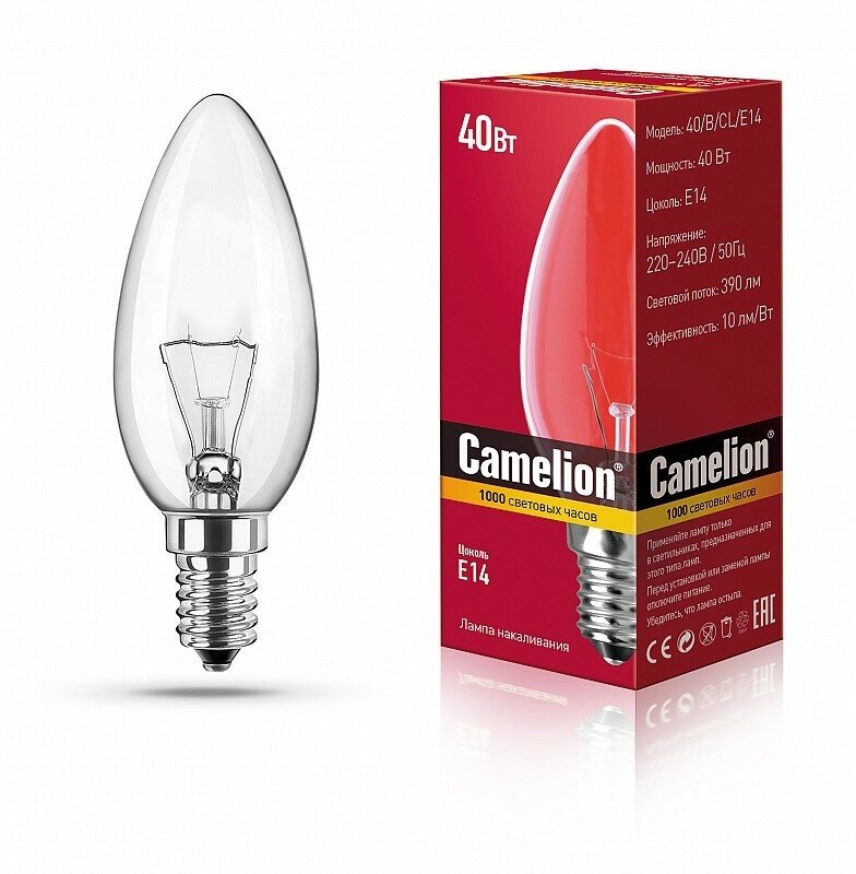 MIC Camelion 40/B/CL/E14 (Эл. лампа накал. с прозрачной колбой, свеча), цена за 1 шт.