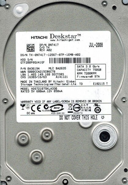 Жесткий диск Hitachi HDS721075KLA330 750Gb 7200 SATAII 3.5" HDD