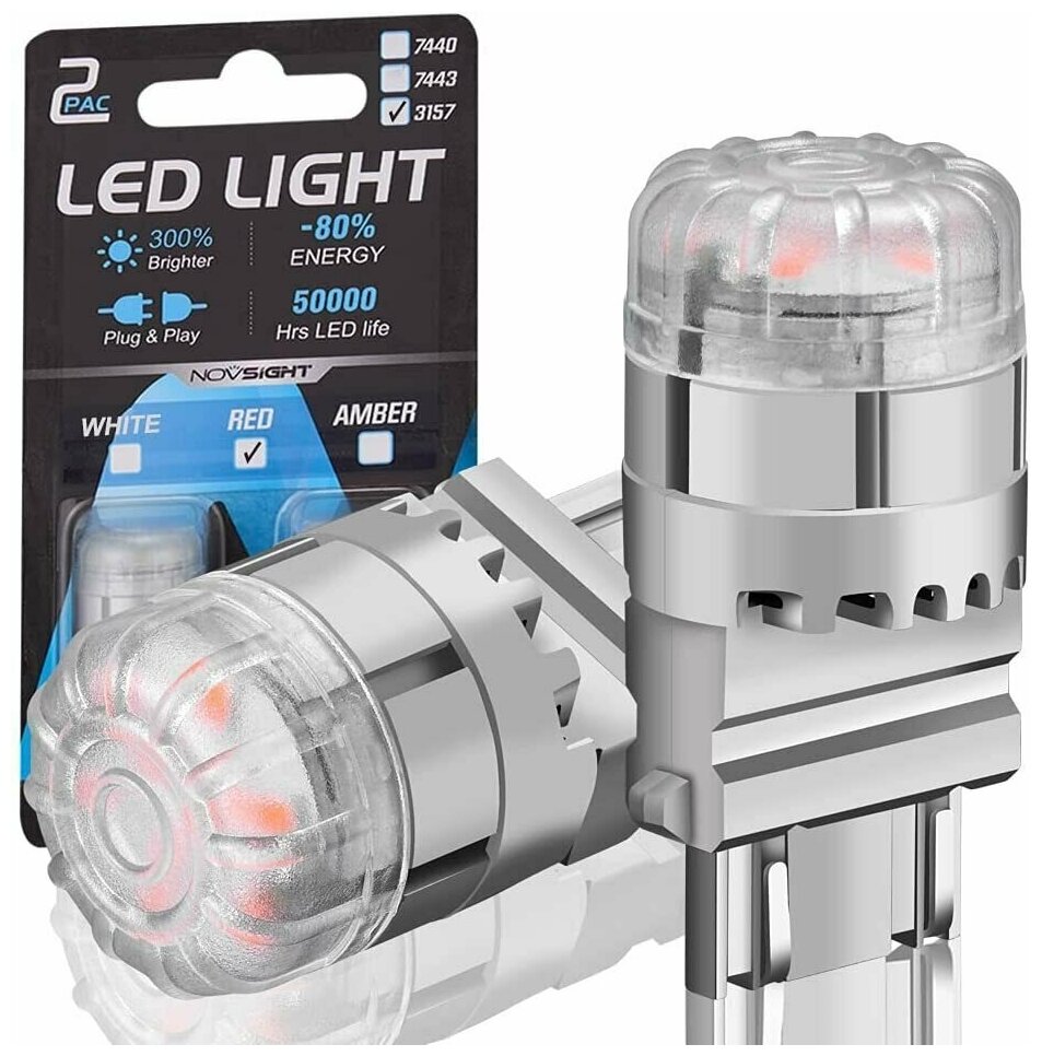 Светодиодная автомобильная LED лампа Novsight 3157 P27/7W цоколь WX25x16q 2 шт двухконтактная красный свет 2400К