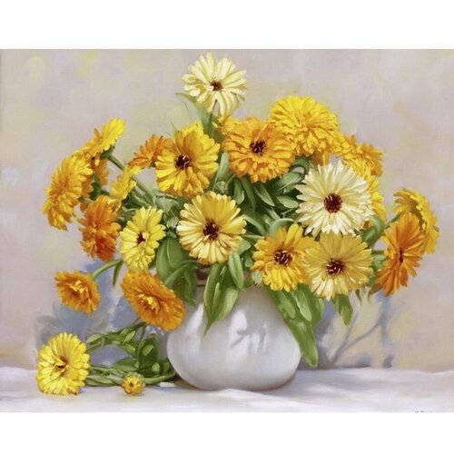 Алмазная мозаика на подрамнике 40х50 Календула Цветы Букет