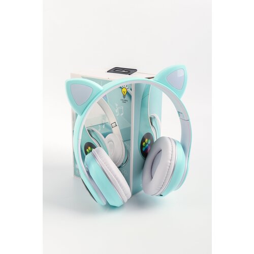 Беспроводные Bluetooth наушники с кошачьими светящимися ушками для детей и взрослых, бирюзовые, VZV-28M 