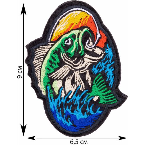 Нашивка, шеврон, патч (patch) на липучке Окунь на крючке, размер 9*6,5 см