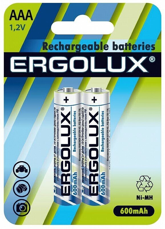 Ergolux AAA-600mAh Ni-Mh BL-2 (NHAAA600BL2, аккумулятор,1.2В) (упак. 2 шт.), цена за 1 упак.