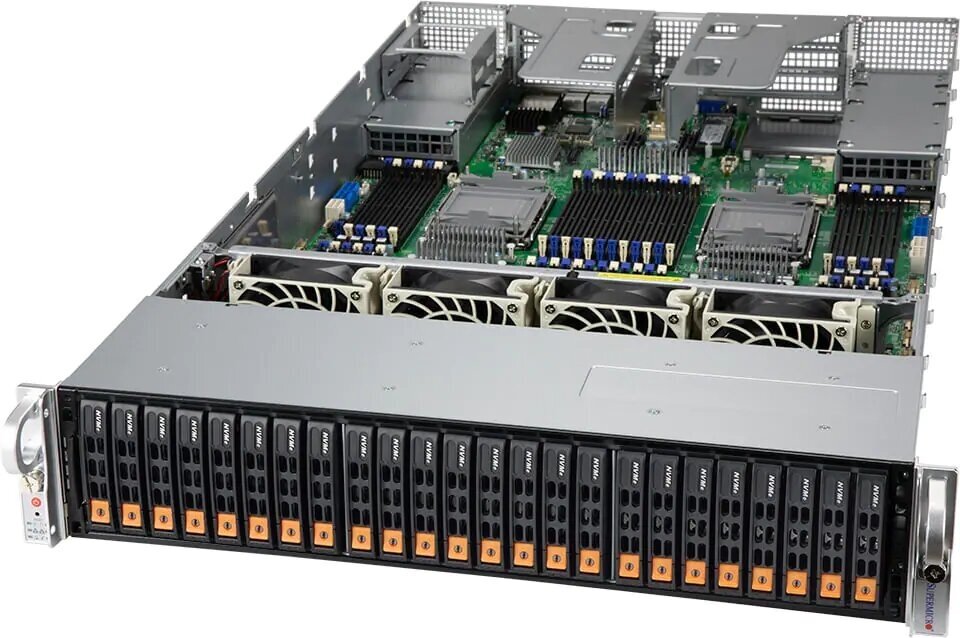 Сервер Supermicro SuperServer SYS-240P-TNRT без процессора/без ОЗУ/без накопителей/количество отсеков 25" hot swap: 24/2 x 2000 Вт/LAN 1 Гбит/c