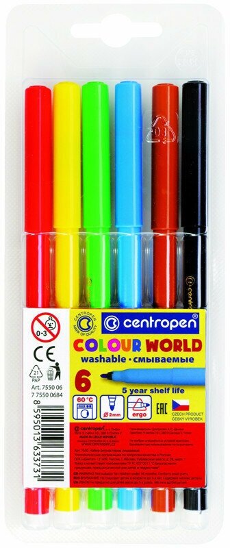 Фломастеры Centropen "Colour World", 06цв, трехгранные, смываемые, блистер, 214288