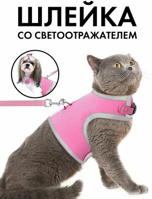Шлейка для кошек с поводком 1.5 м для прогулки / Шлейка для кроликов и собак мелких пород / розовая с рефлектором S