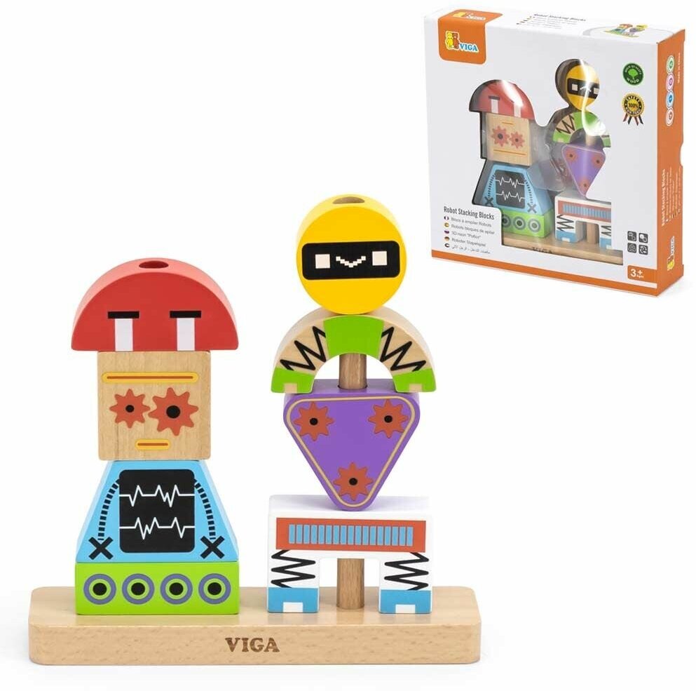 Блочный 3D-пазл Viga Toys Пирамидка Роботы 8 деталей и 10 двусторонних карточек с вариантами сборки, 44652 - фотография № 8