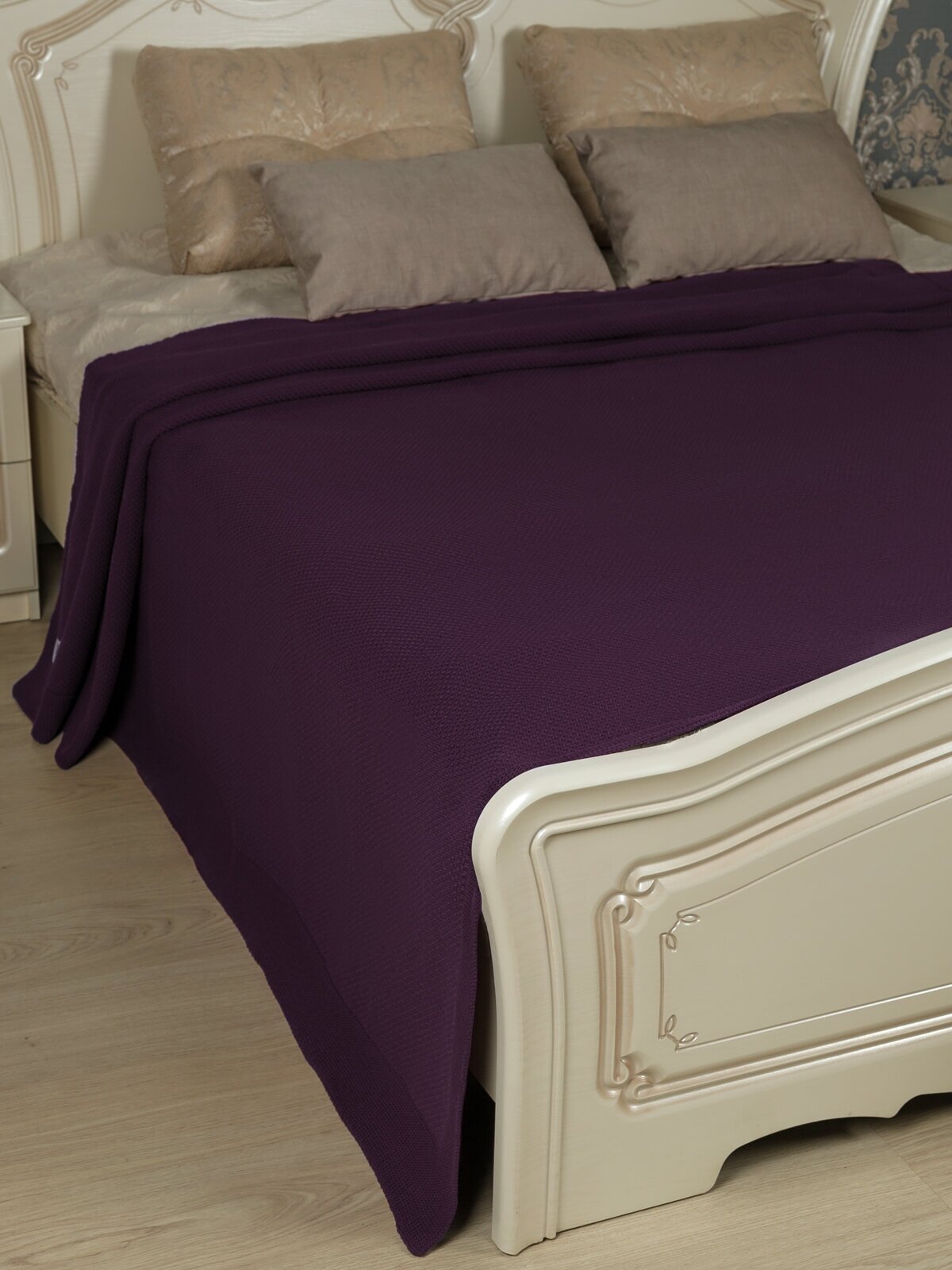 Плед вязаный, Warm Whiff, фиолетовый, 180х220, хлопок, покрывало для взрослого, дачи, спальни, кровати, однотонное одеяло, в подарок, мягкий - фотография № 4