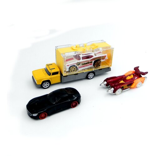 Металлическая машинка 1:64. Die cast набор Желтый грузовик с боксом и 3 базовых машинки. Подарок мальчику.