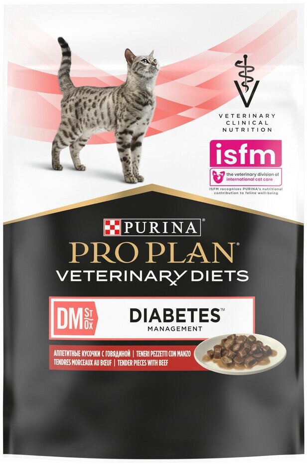 PRO PLAN VETERINARY DIETS DM Diabetes Management 85г влажный корм для кошек диетический при диабете, сговядиной, в соусе 30шт