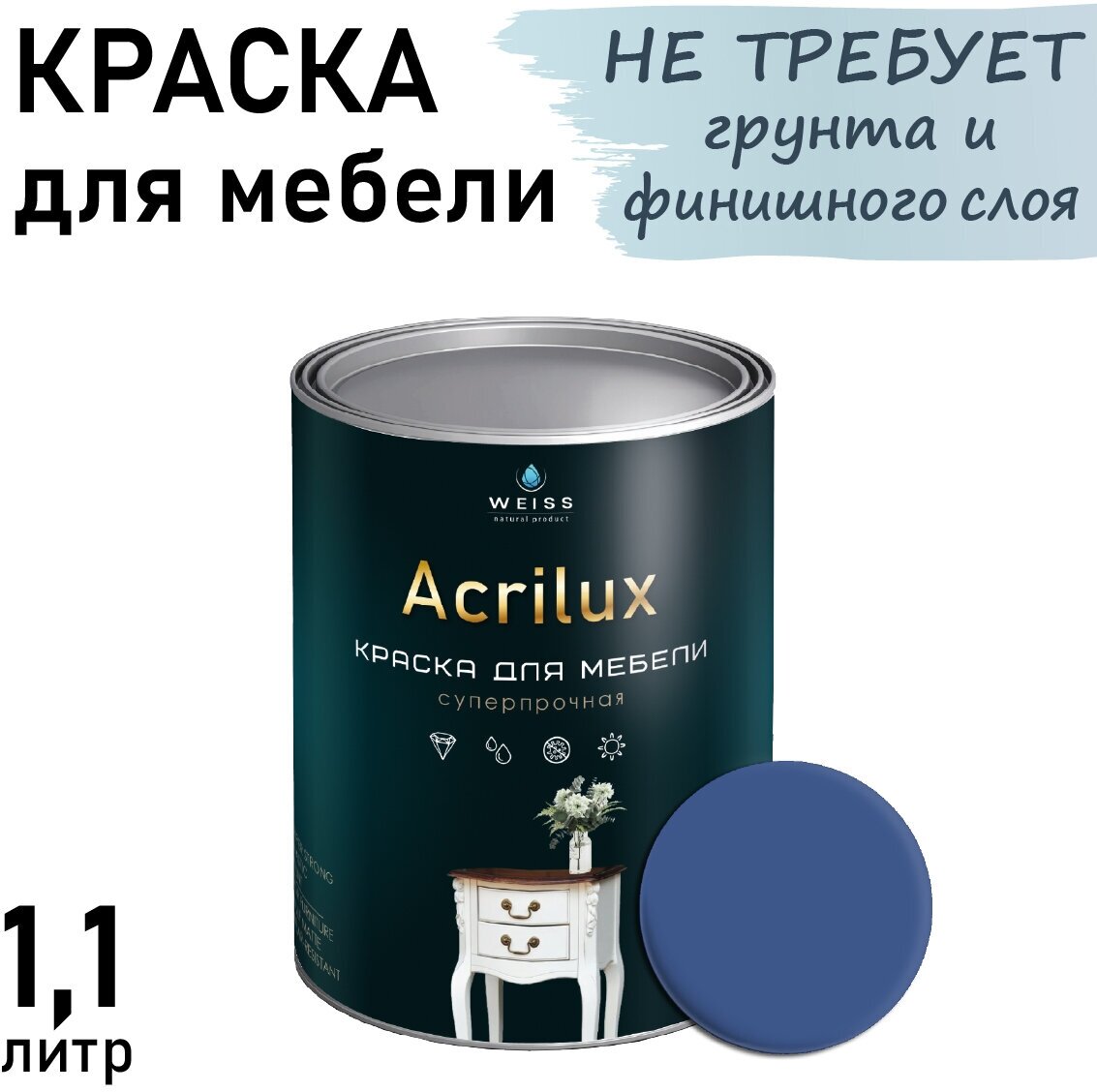 Краска Acrilux для мебели 1.1л RAL 5007, для кухонных фасадов, для декора, для творчества, моющаяся. без запаха