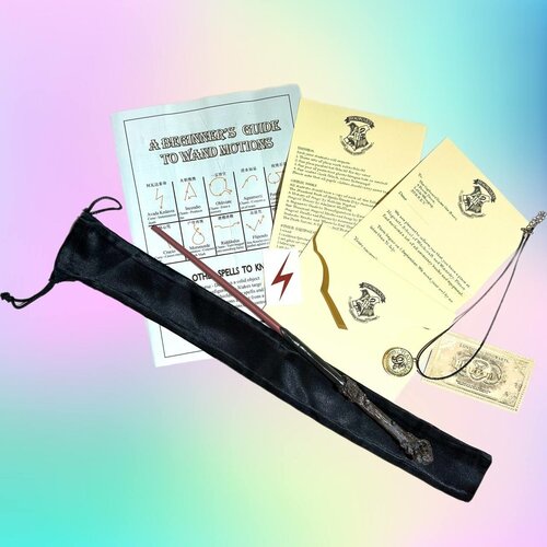 Набор волшебная палочка Гарри Поттера, кулон, инструкция для палочки, письмо с приглашением в Хогвартс, билет на поезд и татуировка.