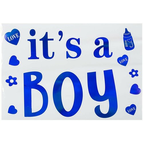 Наклейка на шары, Наклейка на коробку-сюрприз It's a Boy, 19,5*27 см, Голубой, Перламутр, 1 шт.