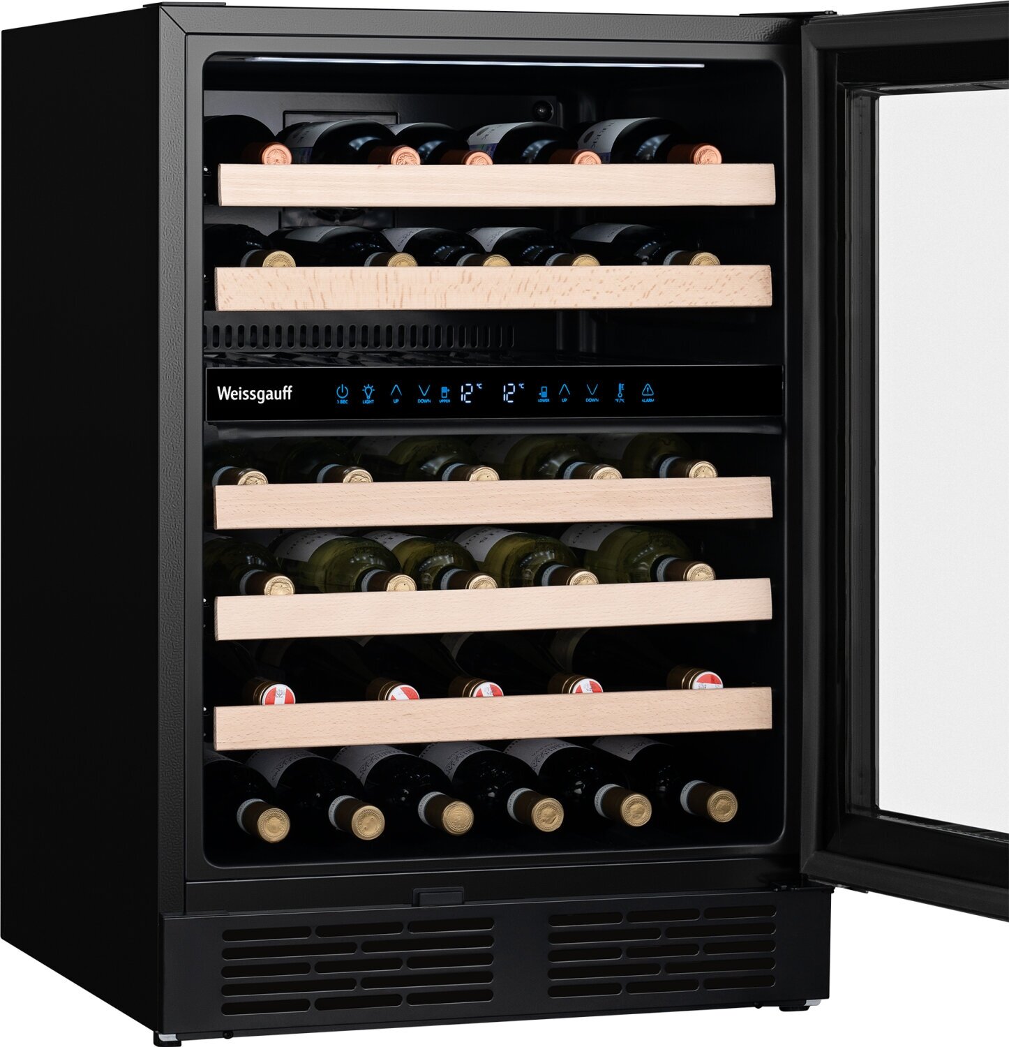 Встраиваемый винный холодильник Weissgauff WWC-46 Bottle Premium NoFrost Dual Zone 3 года гарантии, Полностью электронное управление, Перенавешиваемая дверь, Полки выполненные из дерева