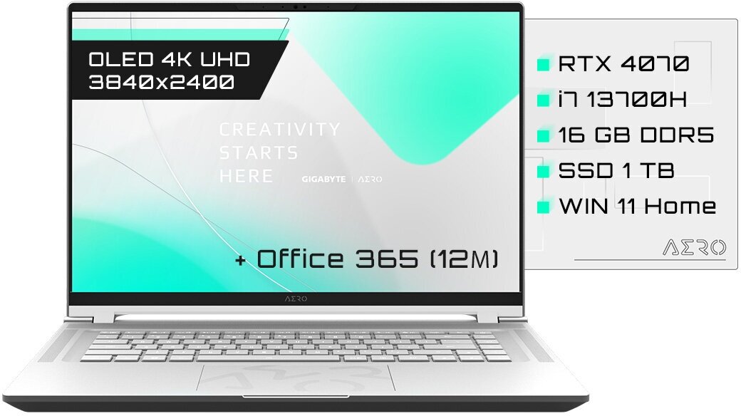 Ноутбук AERO 16 BSF Core i7-13700H/16Gb/SSD1Tb/RTX 4070 8Gb/16"/UHD+/OLED/60hz/Win11/silver (BSF-73KZ994SO) Gigabyte - фото №1