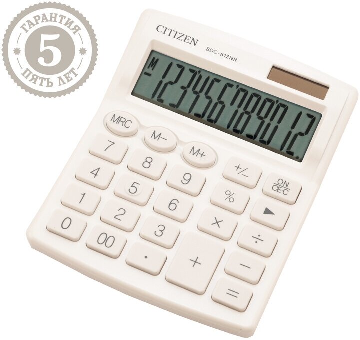 Калькулятор настольный Citizen SDC-812NR-WH 12 разрядов двойное питание 102*124*25мм белый