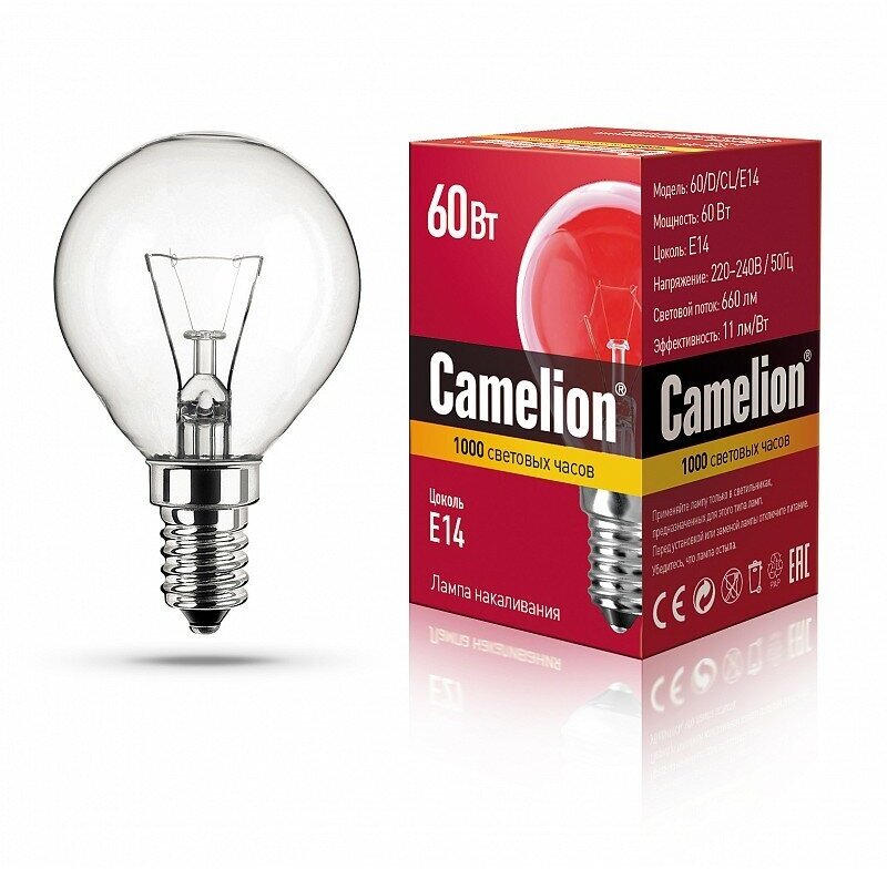 MIC Camelion 60/D/CL/E14 (Эл. лампа накал. с прозрачной колбой, сфера), цена за 1 шт.