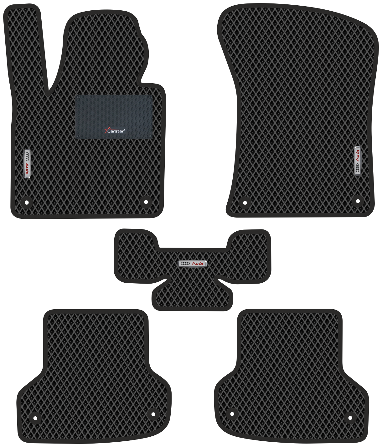 Автомобильные коврики EVA для Audi A3 II (2003-2012) с каучуковым подпятником и 3 эмблемами Audi чёрные с чёрным кантом ячейка - ромб
