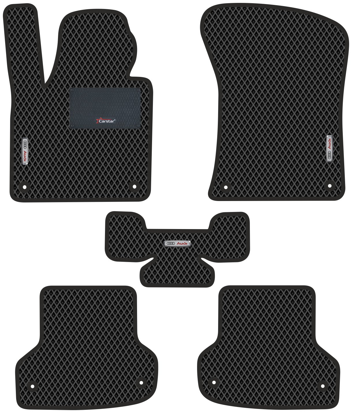 Автомобильные коврики EVA для Audi A3 II (2003-2012) с каучуковым подпятником и 3 эмблемами Audi, чёрные с чёрным кантом, ячейка - ромб