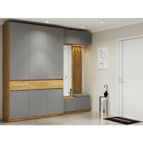 Прихожая МК СТИЛЬ Лион Дуб Крафт золотой Серый шифер Серый экокожа 56650₽