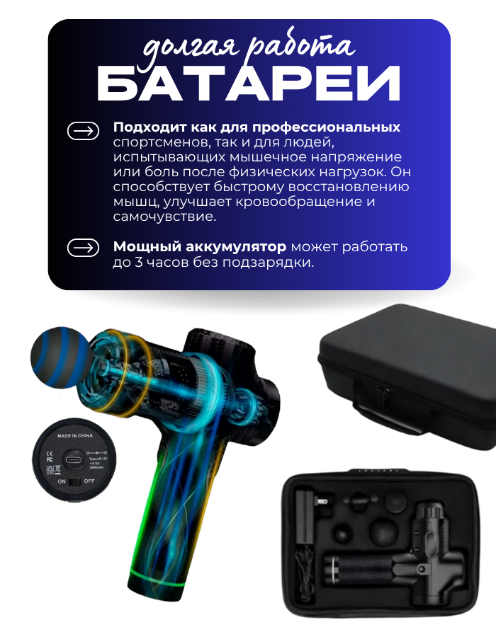 Перкуссионный массажер ударный вибрационный пистолет для тела от боли в мышцах, 30 скоростей — фото 1