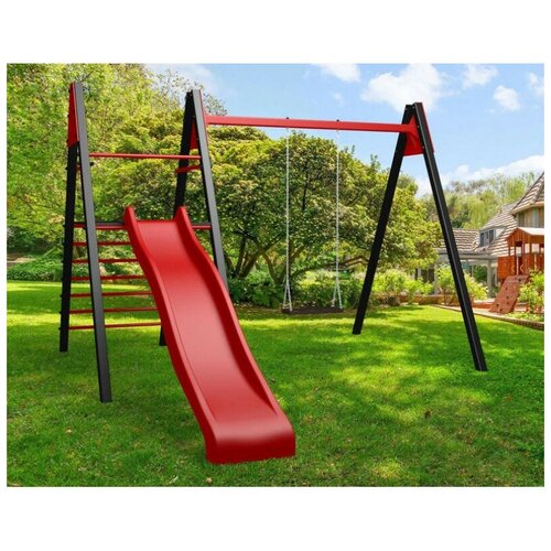 Детские уличные площадки СВ Групп Уличные качели Sv Sport Maxi (рама + качели деревянные на цепях + комплект горка Sv к уличным качелям) Длина:2,4 м