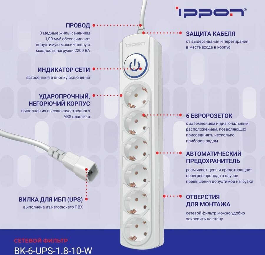 Сетевой фильтр Ippon BK-6-EU-5-10-W 5м белый - фотография № 2