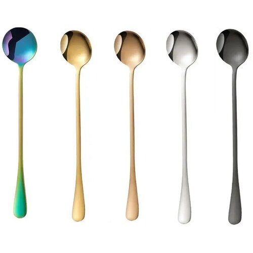 Набор из 5 цветных чайных ложек с длинной ручкой (коктейльные, кофейные), 19 см