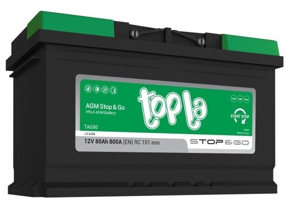 Аккумулятор Topla L4 AGM TAG80 (114080), 315x175x190, обратная полярность, 80 Ач