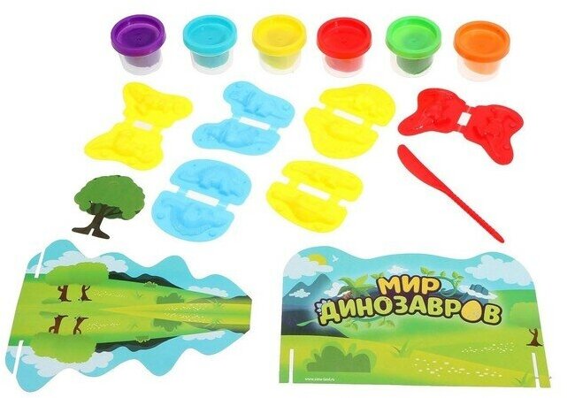 Набор для игры с пластилином «Мир динозавров», 6 баночек с пластилином, в пакете