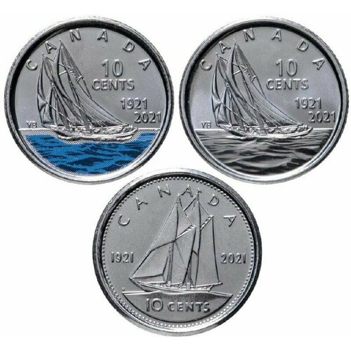 Набор из 3-х монет 10 центов 100 лет спуска на воду шхуны Bluenose. Канада 2021 UNC китай 10 центов 1931 г