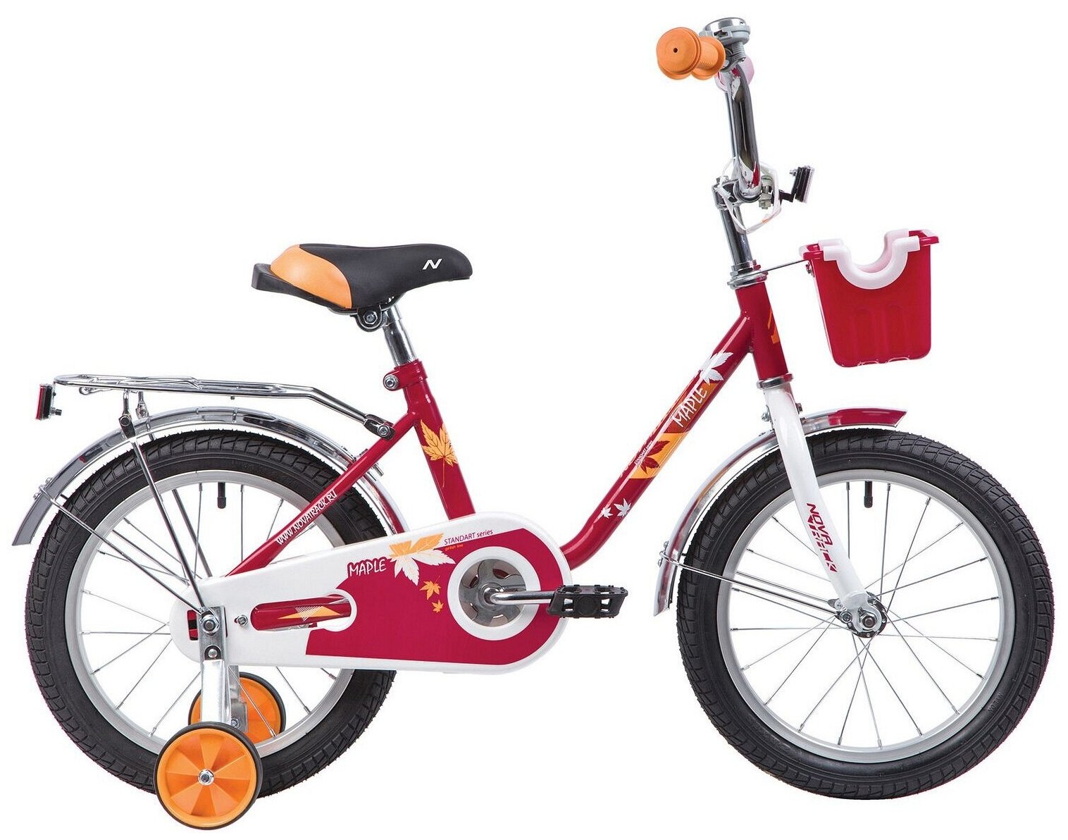 Велосипед NOVATRACK MAPLE 16" (2019) (Велосипед NOVATRACK 16" MAPLE, красный, полная защита цепи, тормоз нож, крылья и багажник хром, пер.)